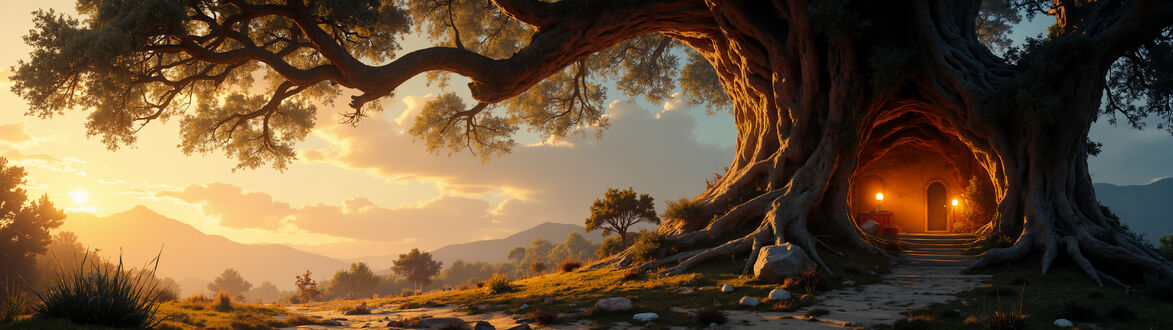 Обои на рабочий стол Огромное дерево с массивными корнями и светящимся входом в дупле, к которому ведет тропинка, на фоне заката с облаками и холмами