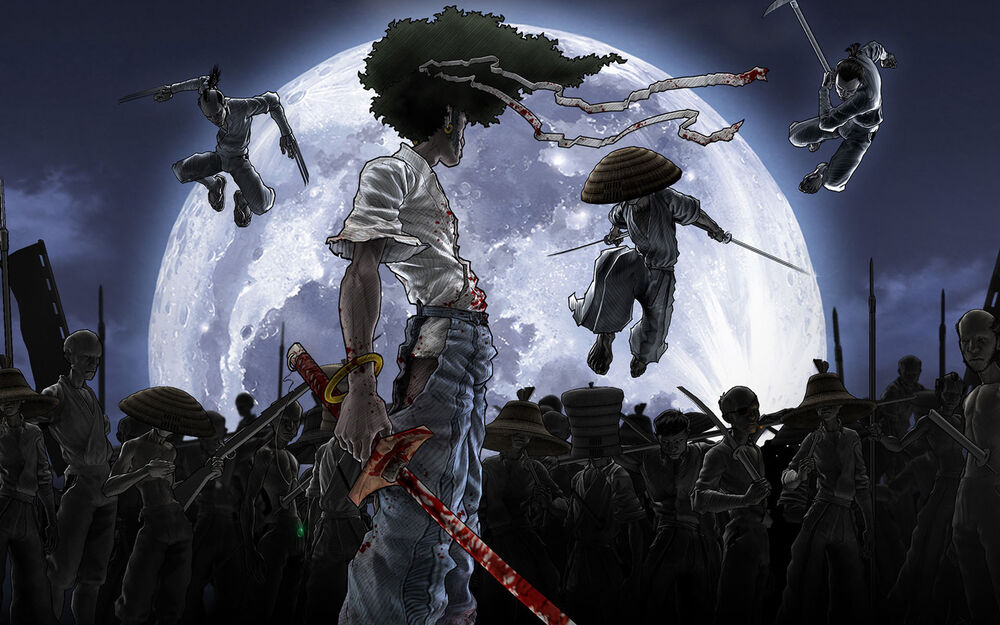 Обои для рабочего стола Афро Самурай / Afro Samurai из манги Афро Самурай / Afro Samurai с окровавленной катаной в руке, вокруг него воины в прыжке и на земле, на фоне большой полной луны и ночного неба