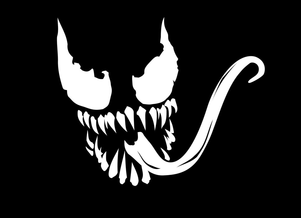 Обои для рабочего стола Стилизованное изображение лица Венома / Venom из фильма Веном / Venom из вселенной Marvel с острыми зубами и длинным языком, на черном фоне