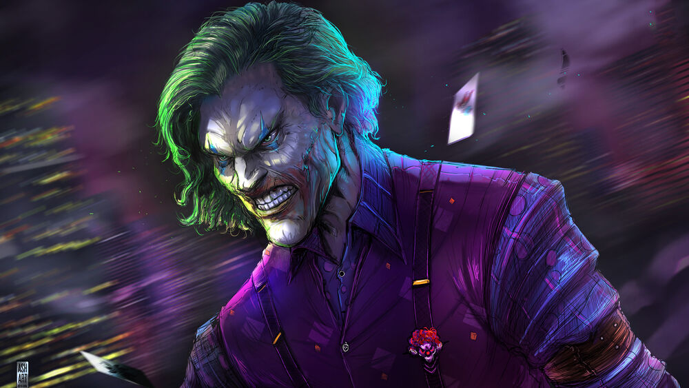 Обои для рабочего стола Джокер / Joker из фильма Бэтмен / Batman в фиолетовой рубашке с подтяжками и красным цветком на лацкане, с оскалом на лице на фоне размытых городских огней и темного неба