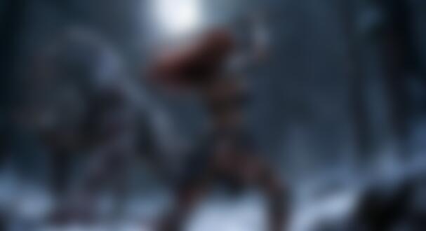 Обои на рабочий стол Рыжая Соня / Red Sonja из фильма Рыжая Соня / Red Sonja в боевом костюме замахивается мечом на крупного волка-оборотня с горящими глазами, на фоне заснеженного леса под полной луной