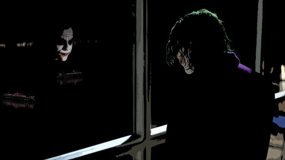 Обои на рабочий стол Джокер / Joker из фильма Темный рыцарь / The Dark Knight, с зелеными волосами, смотрит в окно