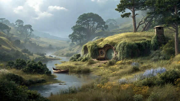 Обои на рабочий стол Шир / The Shire, из фильма Властелин колец / The Lord of the Rings, хоббитская нора с круглой зеленой дверью и каменной тропинкой у реки, рядом деревянная лодка, на фоне зеленых холмов и туманного неба