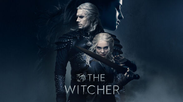 Обои на рабочий стол Геральт / Geralt из фильма Ведьмак / The Witcher в темном костюме с медальоном, Цири / Ciri с мечом, и силуэт Йеннифер / Yennefer на темном синем фоне (THE WITCHER)