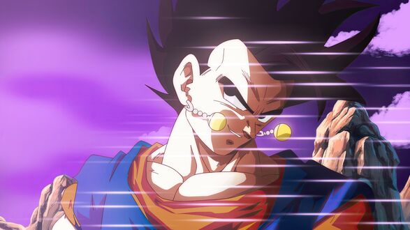 Обои на рабочий стол Vegito из аниме Dragon Ball Daima, в сине-оранжевом gi с желтыми серьгами Потара, движется вперед на фоне фиолетового неба с облаками и скалистыми образованиями