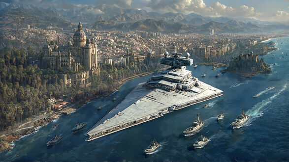 Обои на рабочий стол Космический корабль класса Звездный Разрушитель пролетает над кораблями идущим по реке у крупного города. Франшиза Звездные войны