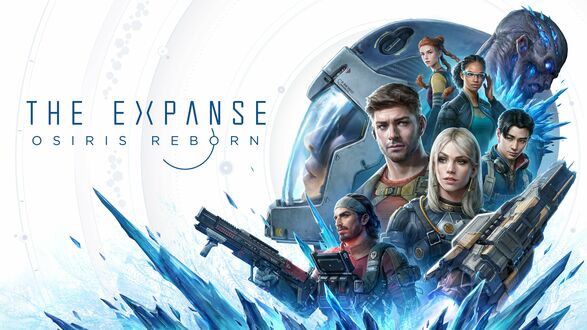 Обои на рабочий стол Персонажи игры The Expanse: Osiris Reborn, мужчины и девушки в футуристических костюмах с оружием, на фоне монстра, космического шлема и синих кристаллов