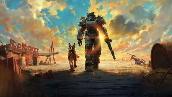 Обои на рабочий стол Главный арт Fallout 4 Anniversary Edition Главный герой в силовой броне, идет с собакой по пустоши Содружества