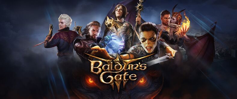 Обои на рабочий стол Группа персонажей из игры Baldurs Gate 3, включая эльфийку с кинжалами и мужчину с магией, позируют в костюмах (Baldurs Gate III) на темном фоне с дымом