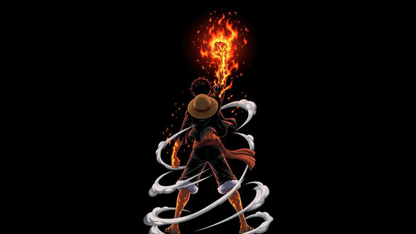 Обои на рабочий стол Манки / Monkey Ди / D Луффи / Luffy из аниме Ван-Пис / One Piece в черном костюме и соломенной шляпе, с поднятой вверх горящей рукой на черном фоне