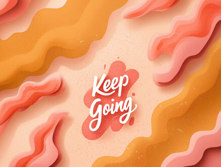 Обои на рабочий стол Белая надпись (Keep Going) на красном пятне на фоне абстрактных волнистых фигур оранжевого и розового цветов на светлой текстурированной поверхности