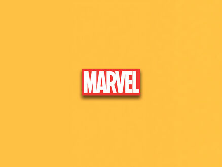 Обои на рабочий стол Логотип Marvel в виде белой надписи в красном прямоугольнике на желтом фоне