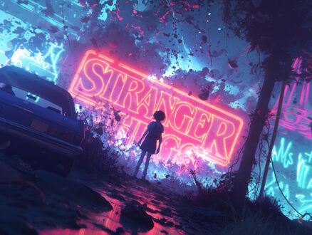 Обои на рабочий стол Девушка в платье смотрит на неоновую вывеску (STRANGER THINGS) из сериала Очень странные дела / Stranger Things на фоне темного леса и синего автомобиля