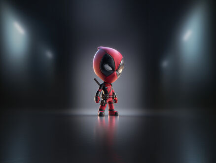Обои на рабочий стол Маленькая фигурка Дэдпул / Deadpool на темной отражающей поверхности на темном фоне с прожекторами