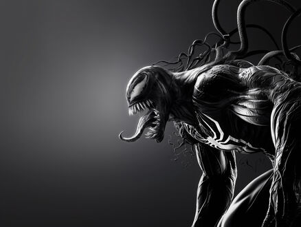 Обои на рабочий стол Веном из фильма Веном / Venom с открытой пастью в профиль, в агрессивной позе на сером фоне