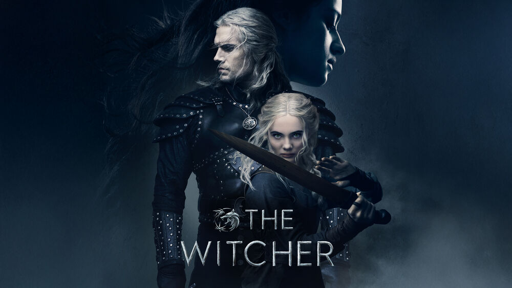 Обои для рабочего стола Геральт / Geralt из фильма Ведьмак / The Witcher в темном костюме с медальоном, Цири / Ciri с мечом, и силуэт Йеннифер / Yennefer на темном синем фоне (THE WITCHER)