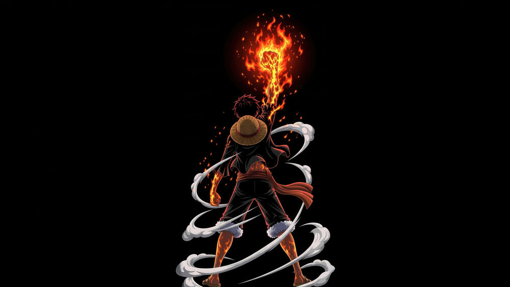 Обои для рабочего стола Манки / Monkey Ди / D Луффи / Luffy из аниме Ван-Пис / One Piece в черном костюме и соломенной шляпе, с поднятой вверх горящей рукой на черном фоне
