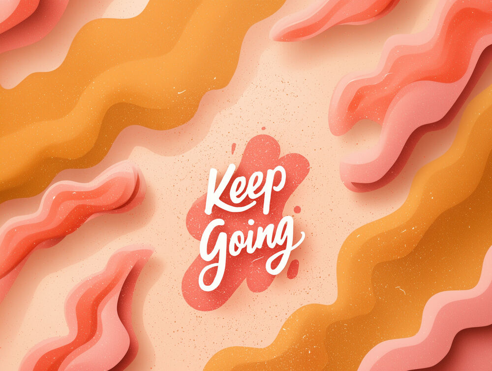 Обои для рабочего стола Белая надпись (Keep Going) на красном пятне на фоне абстрактных волнистых фигур оранжевого и розового цветов на светлой текстурированной поверхности