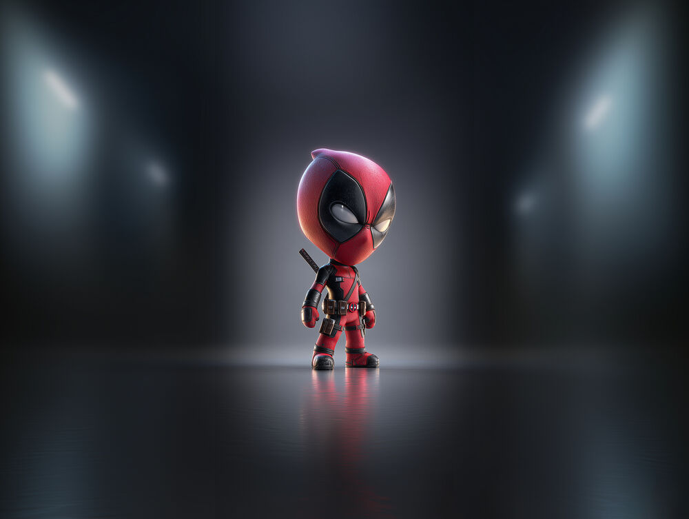 Обои для рабочего стола Маленькая фигурка Дэдпул / Deadpool на темной отражающей поверхности на темном фоне с прожекторами