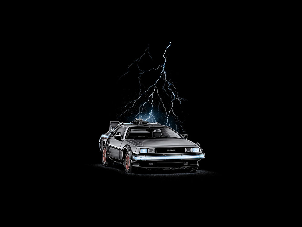 Обои для рабочего стола Серебристый автомобиль DeLorean из фильма Назад в будущее / Back to the Future, в который ударяет молния, на черном фоне