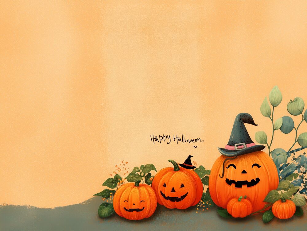 Обои для рабочего стола Светильники Джека в ведьминских шляпах (Happy Halloween.) среди зеленых листьев на оранжевом фоне