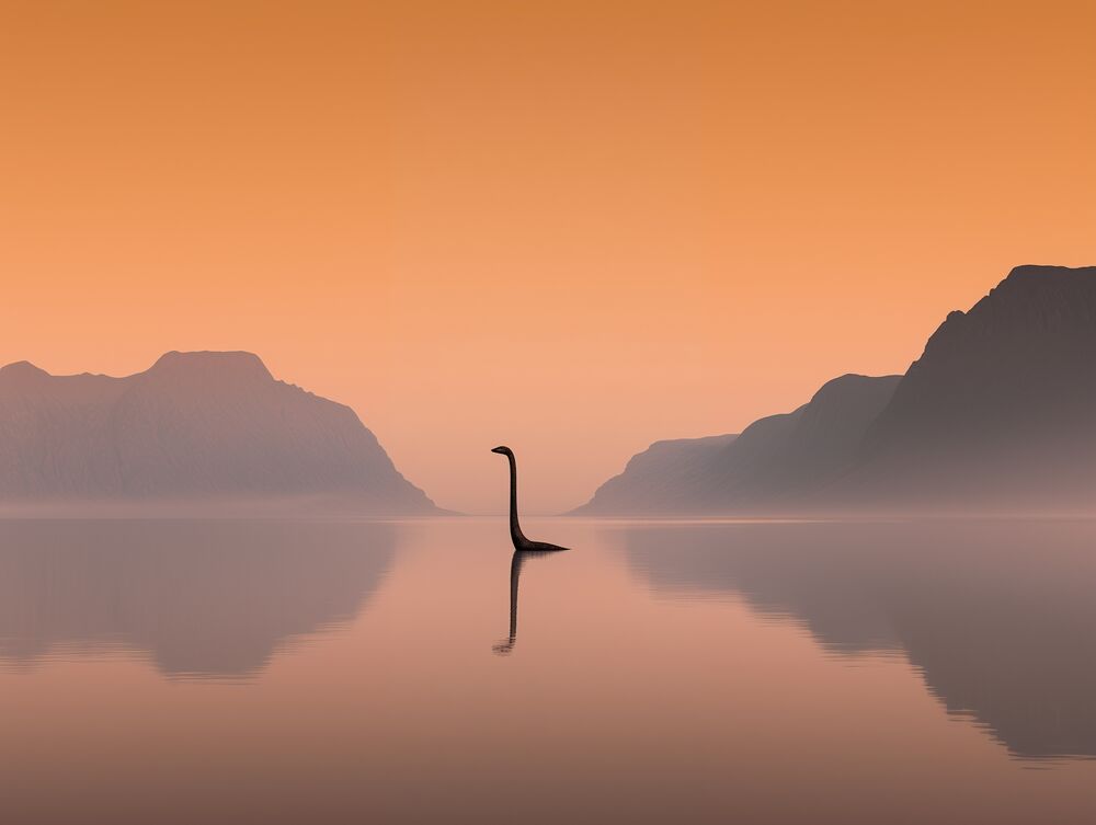 Обои для рабочего стола Лох-Несс / Loch Ness, Шотландия / Scotland, Лох-несское чудовище в воде на фоне гор и оранжевого неба