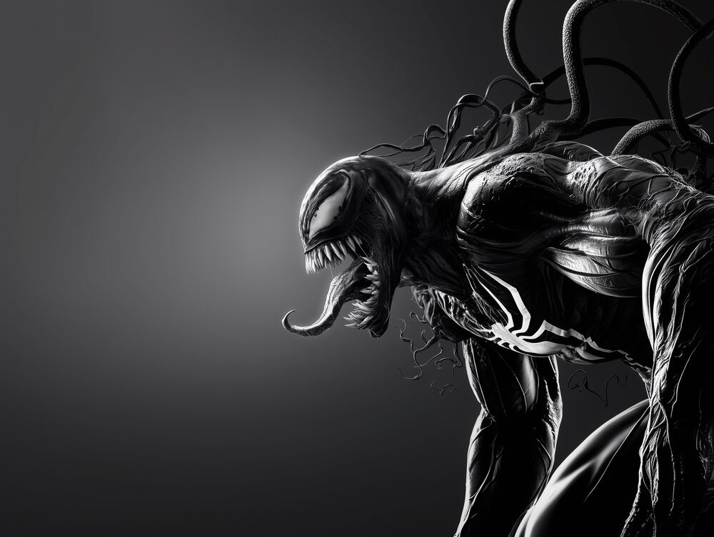 Обои для рабочего стола Веном из фильма Веном / Venom с открытой пастью в профиль, в агрессивной позе на сером фоне