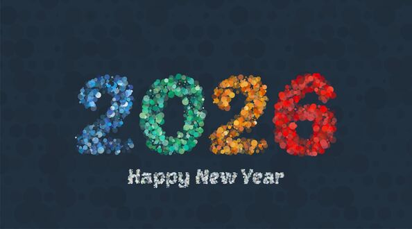 Обои на рабочий стол С новым 2026 годом, на сером фоне цифры 2026 и надпись happy new year
