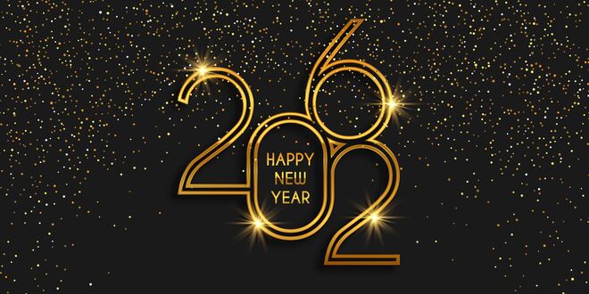 Обои на рабочий стол Золотые цифры (2026) с текстом (happy new year / с новым годом) на черном фоне с золотыми блестками