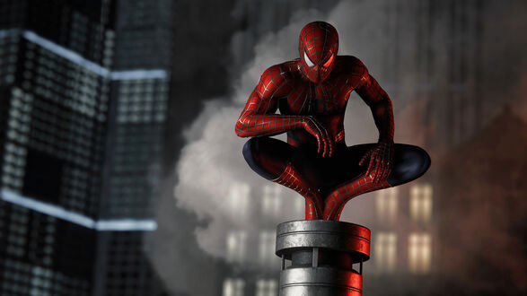 Обои на рабочий стол Человек-паук / Spider-Man в красно-синем костюме на трубе на крыше, на фоне ночного города с небоскребами и дымом