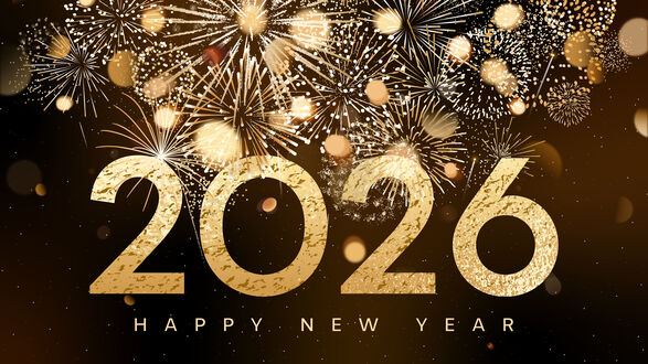 Обои на рабочий стол Золотые цифры 2026 и надпись Happy New Year / С Новым годом, на фоне золотых фейерверков и боке