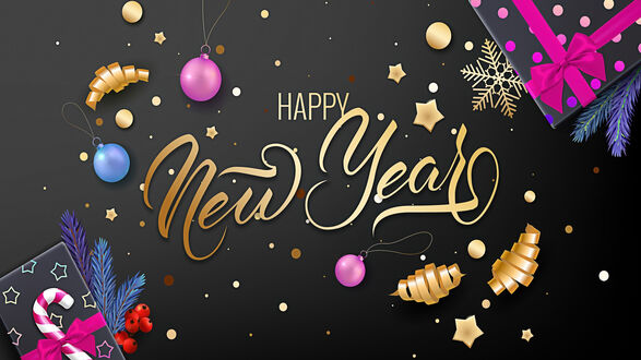 Обои на рабочий стол Золотая надпись (Happy New Year / С Новым годом) в центре, окруженная розовыми и синими елочными шарами, золотыми звездами, лентами, подарочными коробками и еловыми ветками на темном фоне