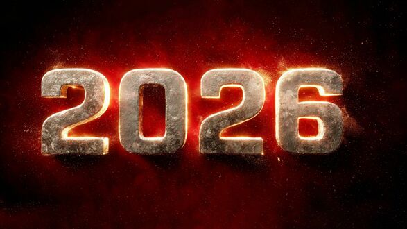 Обои на рабочий стол Объемные металлические цифры (2026) с оранжевым свечением и частицами пыли, на темно-красном фоне