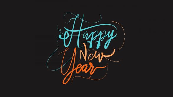 Обои на рабочий стол Стилизованная надпись Happy New Year бирюзовым и оранжевым каллиграфическим шрифтом