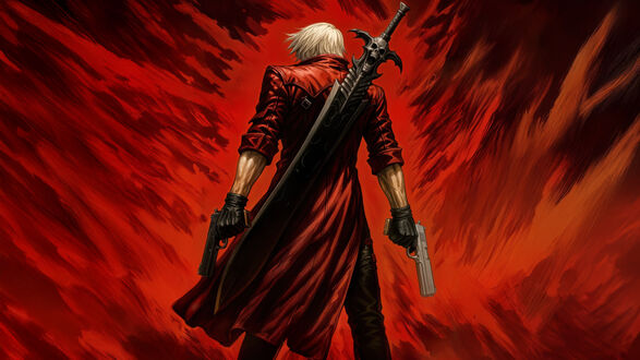 Обои на рабочий стол Персонаж Данте из игры Devil May Cry, в красном плаще с двумя пистолетами и мечом, на красном фоне