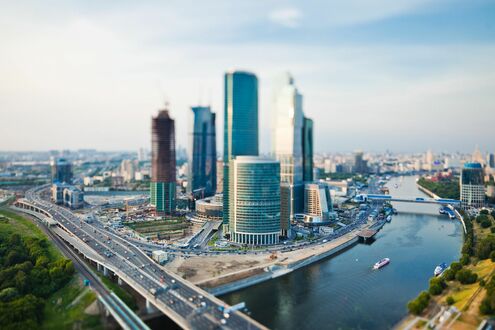 Обои на рабочий стол Москва-Сити, Москва, Россия с эффектом тильт-шифт с высоты птичьего полета ясным летним днем