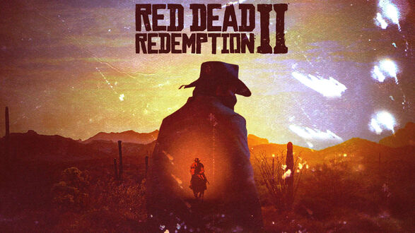 Обои на рабочий стол Мужчина в ковбойской шляпе и плаще, из игры Red Dead Redemption 2, с силуэтом всадника внутри, на фоне пустынного заката с горами и кактусами