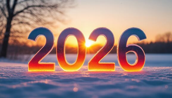 Обои на рабочий стол Ледяные цифры 2026 на снегу, на фоне заката с деревьями и оранжевым небом