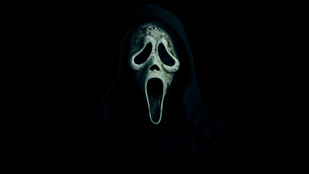 Обои для рабочего стола Маска из фильма Крик / Scream на черном фоне