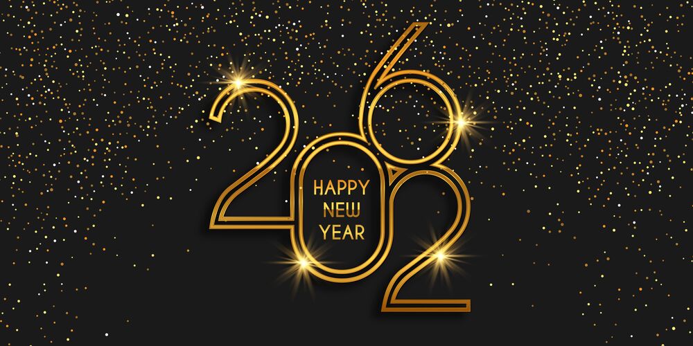 Обои для рабочего стола Золотые цифры (2026) с текстом (happy new year / с новым годом) на черном фоне с золотыми блестками