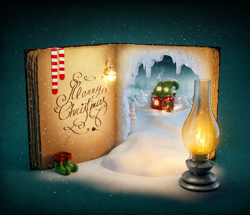 Обои для рабочего стола Открытая книга с каллиграфической надписью Merry Christmaы и зимней сценой с домиком в пещере, рядом фонарь и зеленые ботинки, на темном фоне