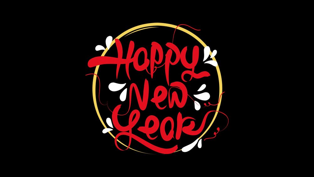 Обои для рабочего стола Красный текст Happy New Year / С Новым Годом в золотом круге с белыми декоративными элементами на черном фоне