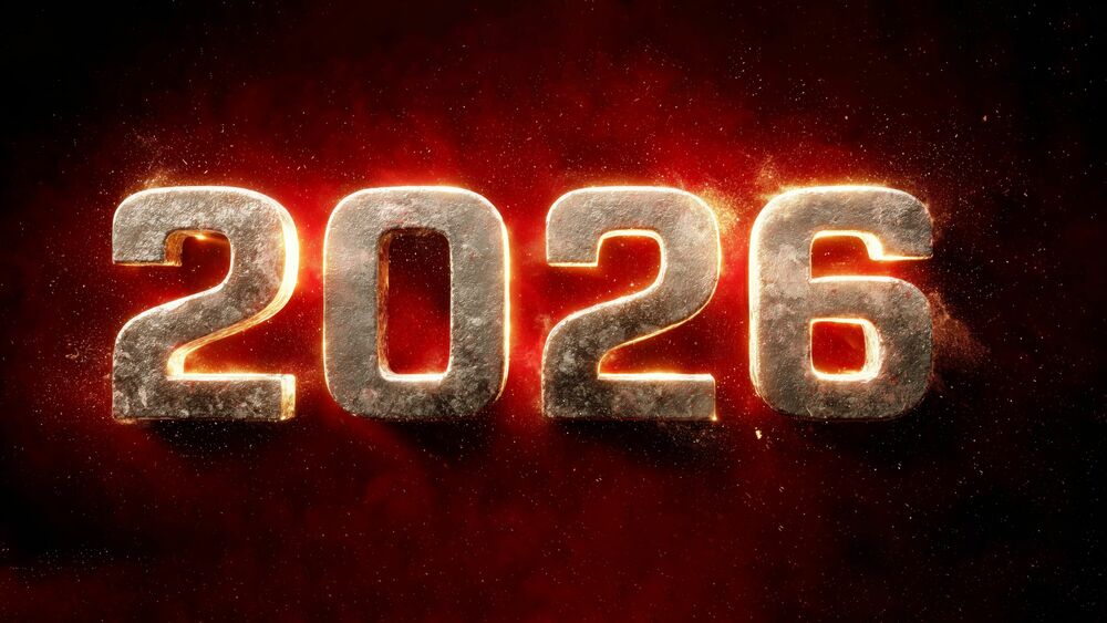 Обои для рабочего стола Объемные металлические цифры (2026) с оранжевым свечением и частицами пыли, на темно-красном фоне