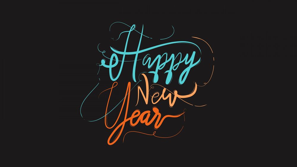 Обои для рабочего стола Стилизованная надпись Happy New Year бирюзовым и оранжевым каллиграфическим шрифтом