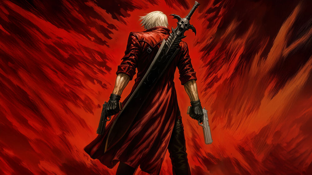 Обои для рабочего стола Персонаж Данте из игры Devil May Cry, в красном плаще с двумя пистолетами и мечом, на красном фоне