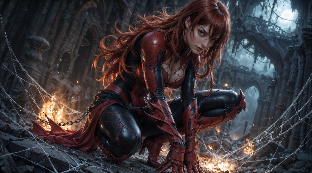 Обои для рабочего стола Mary Jane / Мэри Джейн в одежде человека-паука в окружении паутины на фоне каких-то развалин. Франшиза Spider-Man / Человек-Паук