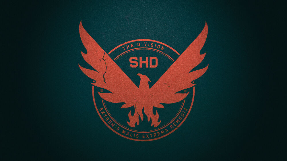 Обои для рабочего стола Логотип игры The Division 2 / The Division 2, оранжевый феникс (THE DIVISION SHD EXTREMIS MALIS EXTREMA REMEDIA) на темно-бирюзовом фоне