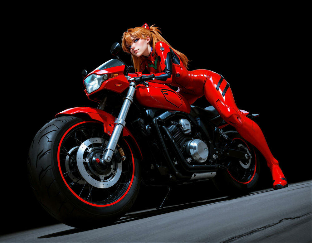 Обои для рабочего стола Девушка из аниме Евангелион / Evangelion, Аска Лэнгли Сорью / Asuka Langley Soryu, в красном облегающем костюме позирует на красном мотоцикле, на черном фоне