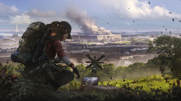 Обои на рабочий стол Вашингтон / Washington D. C, США / USA, девушка из игры The Division 2 / The Division 2 в костюме с рюкзаком смотрит на устройство с антенной, на фоне разрушенного города с дымом, вертолетами и птицами в небе
