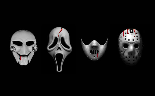 Обои на рабочий стол Четыре маски из фильмов ужасов: Пила / Saw, Крик / Scream, Молчание ягнят / The Silence of the Lambs и Пятница 13-е / Friday the 13th, на черном фоне